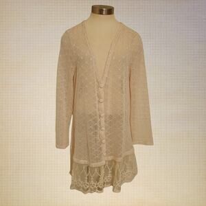 Krazy Kat Cream Lace Oversized Cardigan Women's XL Button Front Sheer Romantic